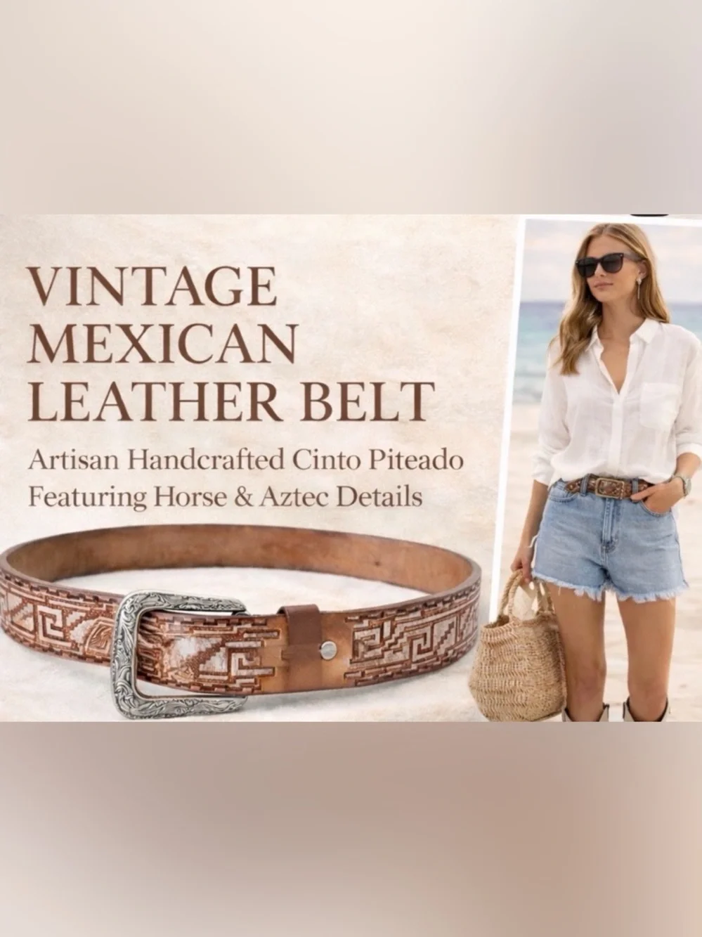 Vintage Western Leather Belt Cinto Piteado Horse Aztec Genuine Cowhide Mexico 44